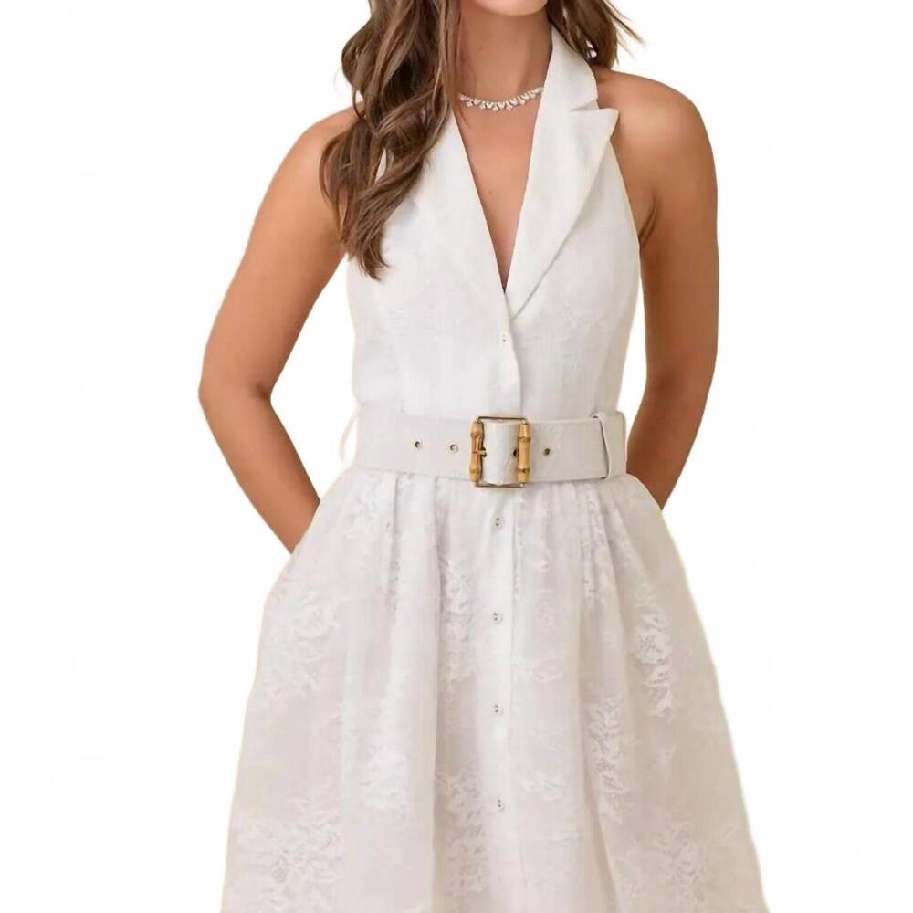 NEW MAIN STRIP lapel collar haltered summer mini lace dress in white